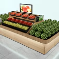 Wooden Display Shelf with Various Fresh Fruits Arranged and Screen Showing Fruit