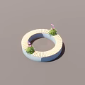 Circular Outdoor Bench With Wooden Seat Blue Base And Purple Flowers