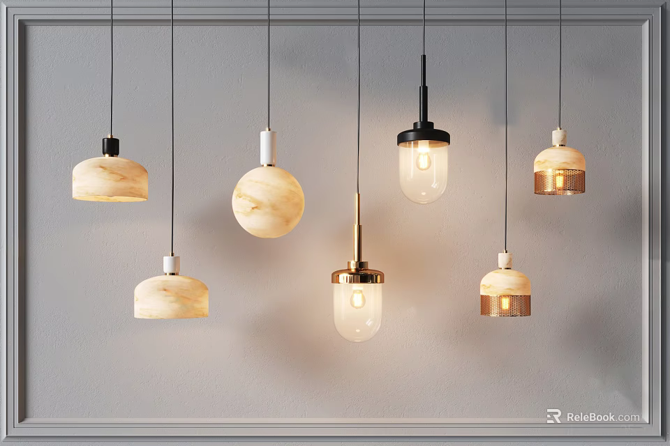 Modern Minimalist Pendant Lights With Marble Glass Shades And Gold Black Metal Bases Hanging Warmly 3d model 