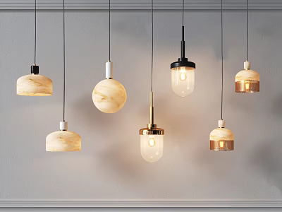 Modern Minimalist Pendant Lights With Marble Glass Shades And Gold Black Metal Bases Hanging Warmly 3d model