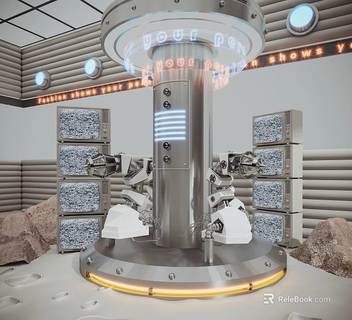 Art Installation Featuring Silver Metal Pillar Mechanical Arms Stacked Cube Structures Illuminated Text Orange Lighting 3d model