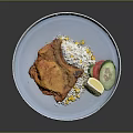 Crispy Fried Chicken With Rice Corn Lemon Cucumber And Tomato Slices