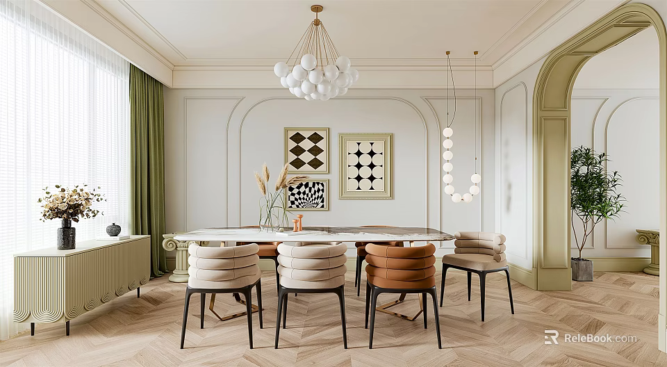 Elegant Modern Restaurant Interior With Round Dining Table Upholstered Chairs And Decorative Paintings 3d model 