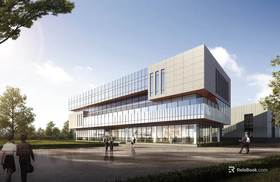 Modern Office Building With Glass Curtain Wall Greenery Pedestrians And Open Plaza 3d model 