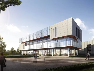 Modern Office Building With Glass Curtain Wall Greenery Pedestrians And Open Plaza 3d model