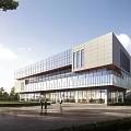 Modern Office Building With Glass Curtain Wall Greenery Pedestrians And Open Plaza