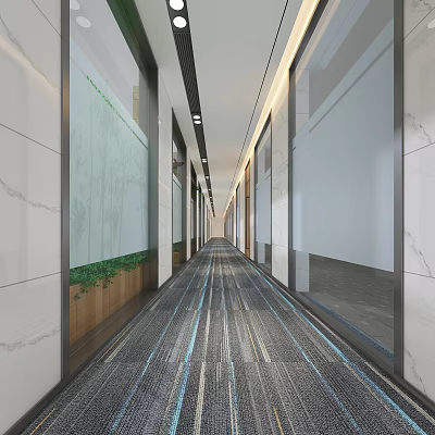Modern Office Corridor With Marble Walls Glass Partitions Green Plants Long Carpet And Ceiling Lights 3d model
