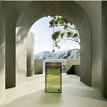 Modern Glass Washbasin In Arched Concrete Space With Mountain And Lake View