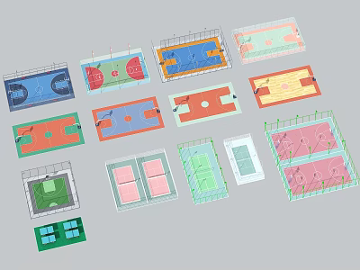 Basketball Court Floor Plans with Multiple Designs Various Layouts and Colorful Schemes 3d model