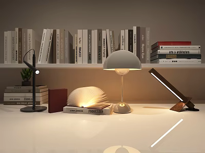 Modern Style Table Lamps with Bookshelf and Reading Books in Home Study 3d model