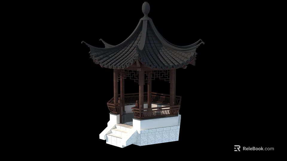 Traditional Chinese Pavilion with Curved Black Tile Roof Wooden Frame and Stone Base 3d model 