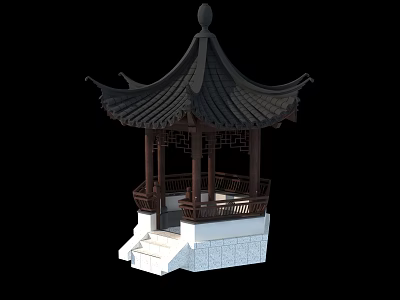 Traditional Chinese Pavilion with Curved Black Tile Roof Wooden Frame and Stone Base 3d model