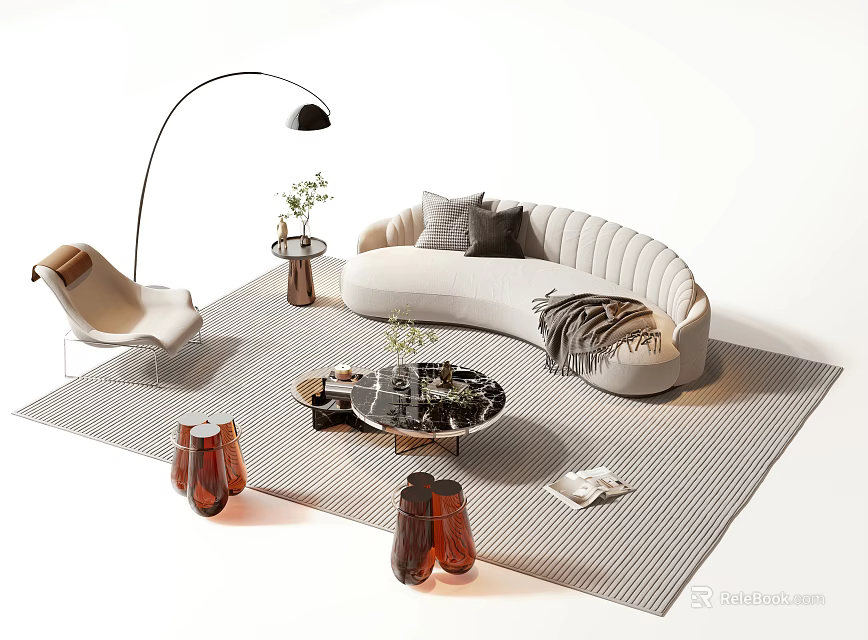 Modern Curved Sofa And Coffee Table Combination With Floor Lamp And Striped Rug 3d model 