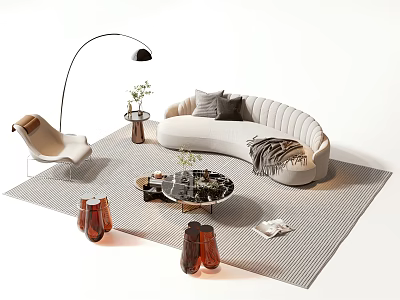 Modern Curved Sofa And Coffee Table Combination With Floor Lamp And Striped Rug 3d model