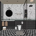 Classic Bathroom Interior With Round Mirror Black White Geometric Tiles Glass Shower And Patterned Wallpaper