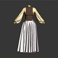 Elegant Traditional Dress With Yellow Floral Sleeves Brown Striped Bodice And Red Long Skirt