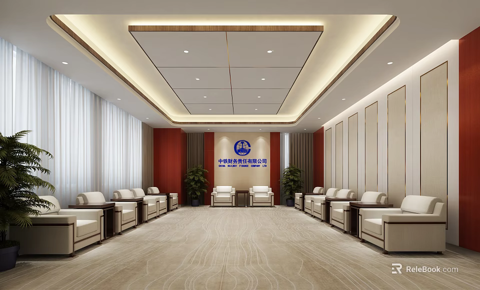 Modern Lounge Area With Beige Sofas Red Accent Walls Blue Logo And Green Plants 3d model 