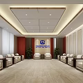 Modern Lounge Area With Beige Sofas Red Accent Walls Blue Logo And Green Plants