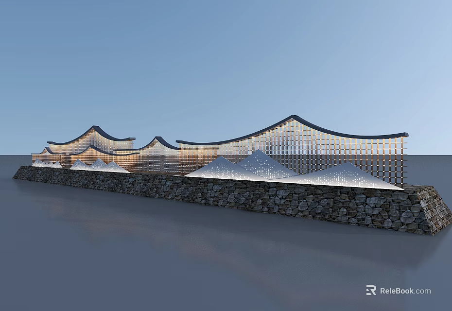 Modern Scenic Wall With Wavy Wooden Lattice Structure And Stone Base 3d model 