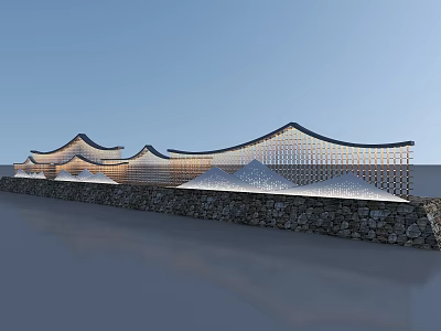 Modern Scenic Wall With Wavy Wooden Lattice Structure And Stone Base 3d model
