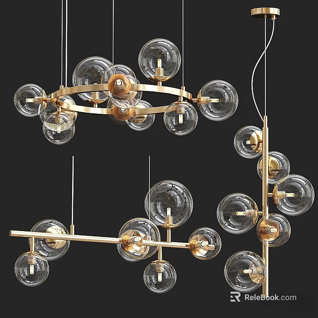Modern Elegant Chandelier Design With Transparent Glass Balls And Golden Metal Frame 3d model 
