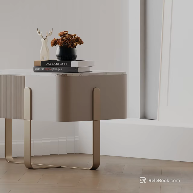Modern Beige Bedside Table With Golden Legs Marble Top Deer Ornament Dried Flowers And Books 3d model 