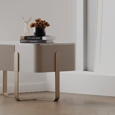 Modern Beige Bedside Table With Golden Legs Marble Top Deer Ornament Dried Flowers And Books 3d model