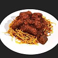 Delicious Spaghetti With Meat Chunks And Tomato Sauce On White Plate