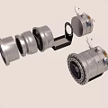 Three Industrial Mechanical Components With Metal Structure And Various Shapes Design