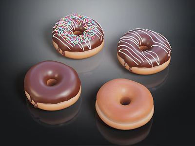 Assorted Donuts with Chocolate Plain Frosting White Drizzle and Colorful Sprinkles Displayed 3d model
