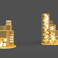 Golden Modern Event Entrance With Stacked Cube Structure And Text Decorations 3d model
