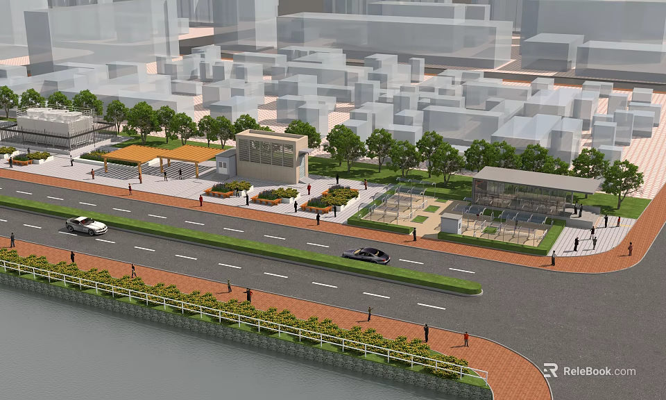 Scenic City Station Urban Landscape With Road Cars Green Trees And Buildings 3d model 