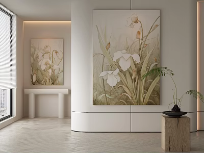 Botanical Paintings With White Flowers And Green Leaves In Modern Interior Decor 3d model