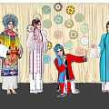 Group of Chinese Opera Performers in Traditional Costumes with Decorative Plates Backdrop