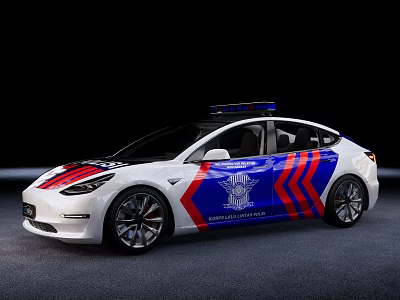 White Police Car With Blue Red Stripes Emergency Lights And Badge 3d model