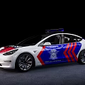White Police Car With Blue Red Stripes Emergency Lights And Badge