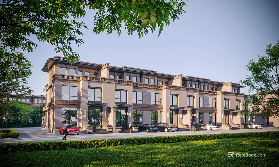 Modern Townhouse Exterior Design With Multi Floors Front Lawn Parked Cars And Trees 3d model 