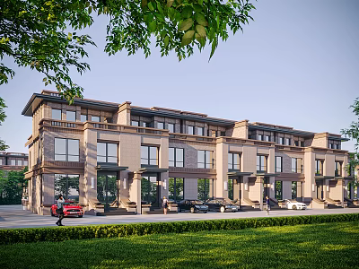 Modern Townhouse Exterior Design With Multi Floors Front Lawn Parked Cars And Trees 3d model