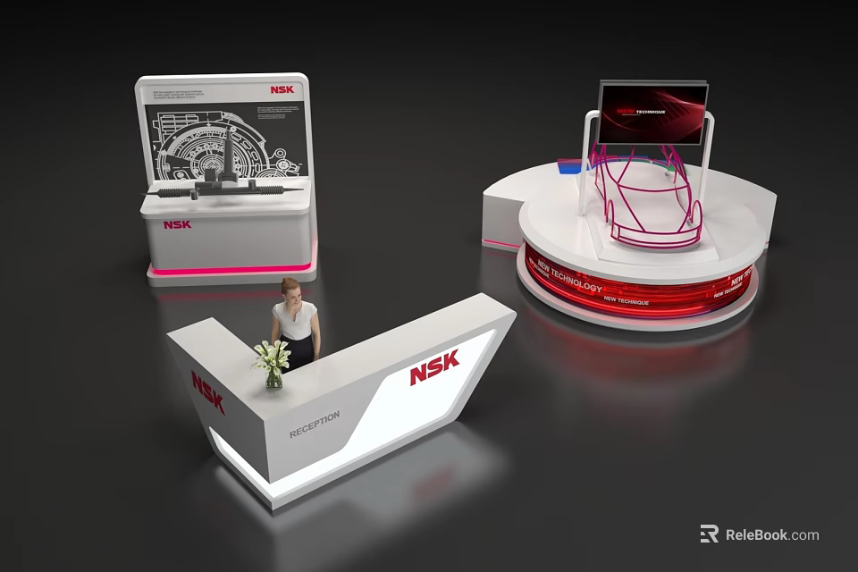 NSK Exhibition Display Shelves with Reception Desk Digital Screen and Modern Product 3d model 