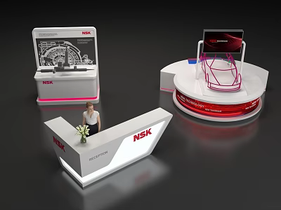 NSK Exhibition Display Shelves with Reception Desk Digital Screen and Modern Product 3d model