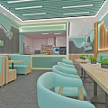 Modern Restaurant Interior Featuring Light Blue Seating Wooden Tables And Striped Ceiling 3d model
