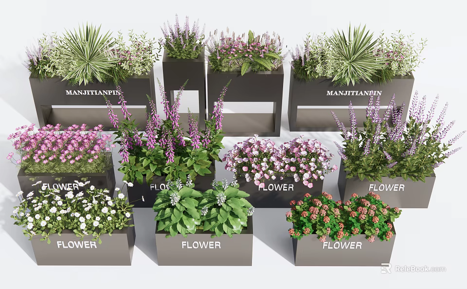 Decorative Garden Planters With Various Colorful Flowers And Green Plants 3d model 