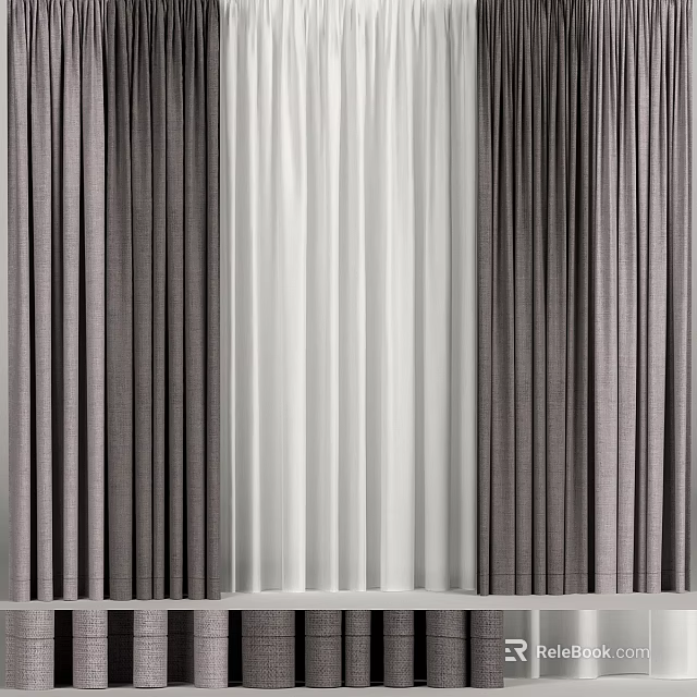 Modern Gray And White Textured Curtains With Pleated Floor Length Design For Interior 3d model 