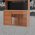 Modern Wooden Sideboard With Brown Cabinets Drawers Shelves Marble Countertop And Perforated Back Panel