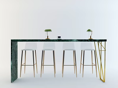 Green Marble Bar Counter with Gold Frame White Bar Stools and Table Lamps 3d model