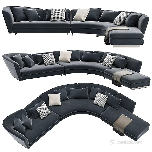 Plush Dark Gray Curved Sectional Sofa With Geometric Pattern Pillows And Throw Blanket 3d model 