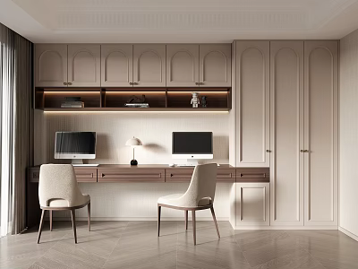 Modern Desk Setup With Two Computer Monitors Table Lamp Beige Chairs And Lit Wall Cabinets 3d model