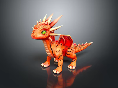 Orange Dragon Figurine With Green Eyes Spiked Head And Black Stripes On Black Background 3d model