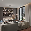 Modern Living Dining Room Interior Design With Sofa Coffee Table Bookshelf Window And Painting