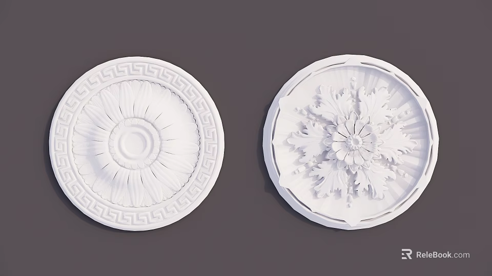 Decorative White Ceiling Medallions Featuring Greek Key And Floral Leaf Patterns 3d model 